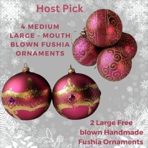 Fushia & Gold Mouth Blown Glass Christmas Ornaments 4 Med Large, 2 Large Set ✨HP